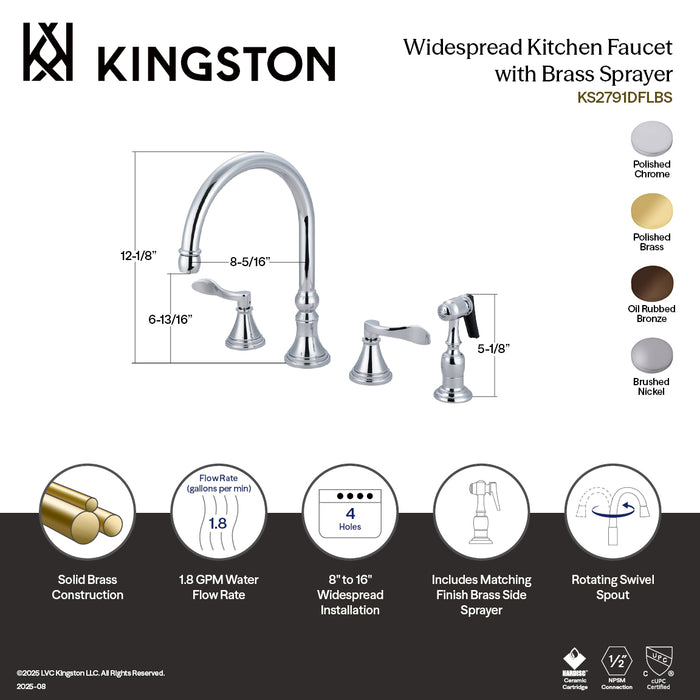 Kingston Tulare KS2798DFLBS - NuFrench Double-Handle 4-Hole Widespread Kitchen Faucet with Brass Sprayer, Brushed Nickel