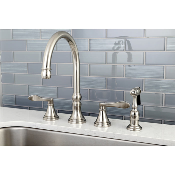 Kingston Tulare KS2798DFLBS - NuFrench Double-Handle 4-Hole Widespread Kitchen Faucet with Brass Sprayer, Brushed Nickel