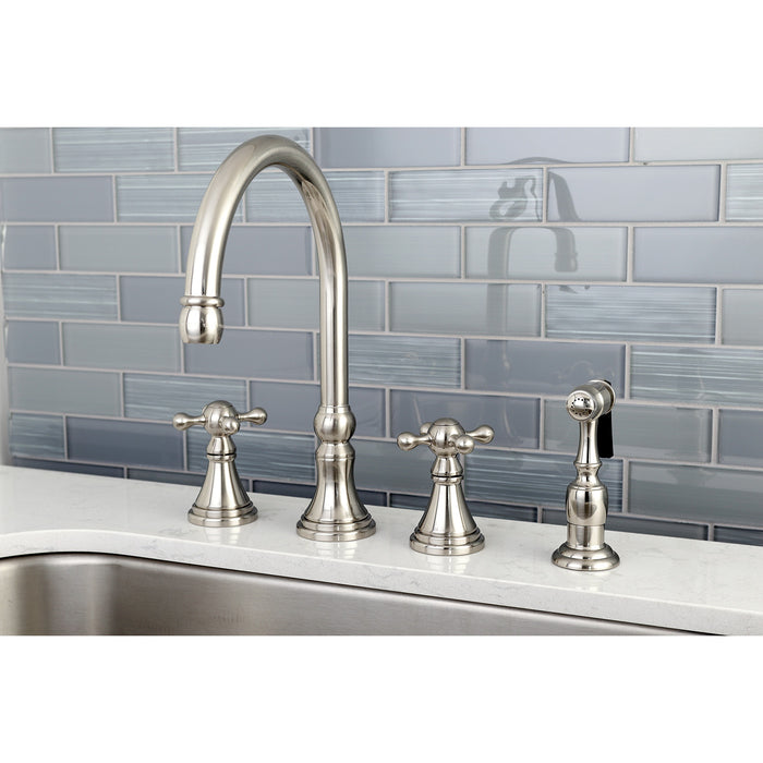 Kingston Tulare KS2798KXBS - Governor Double-Handle 4-Hole Widespread Kitchen Faucet with Brass Sprayer, Brushed Nickel