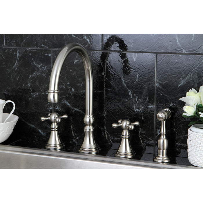 Kingston Tulare KS2798KXBS - Governor Double-Handle 4-Hole Widespread Kitchen Faucet with Brass Sprayer, Brushed Nickel