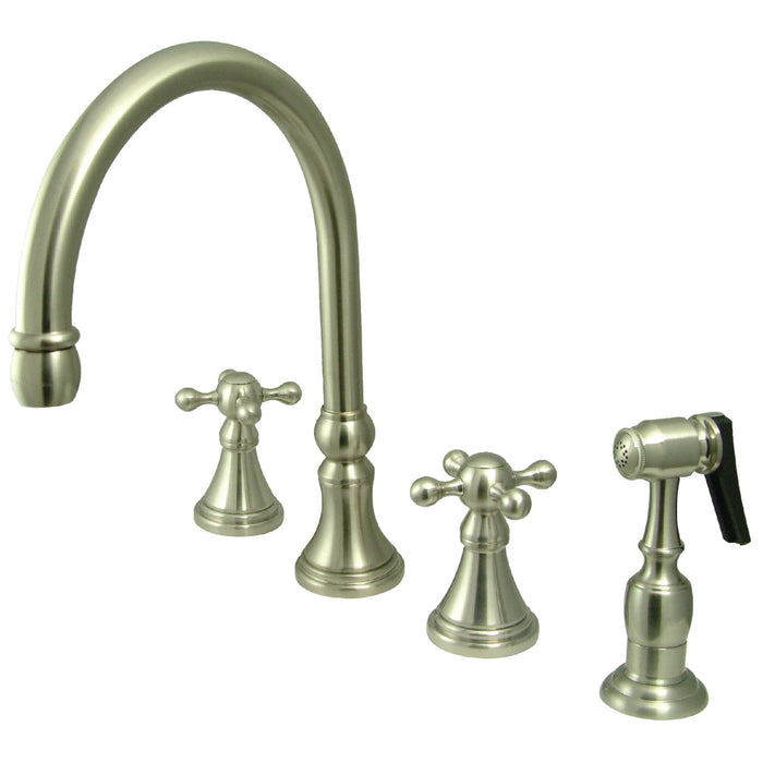 Kingston Tulare KS2798KXBS - Governor Double-Handle 4-Hole Widespread Kitchen Faucet with Brass Sprayer, Brushed Nickel