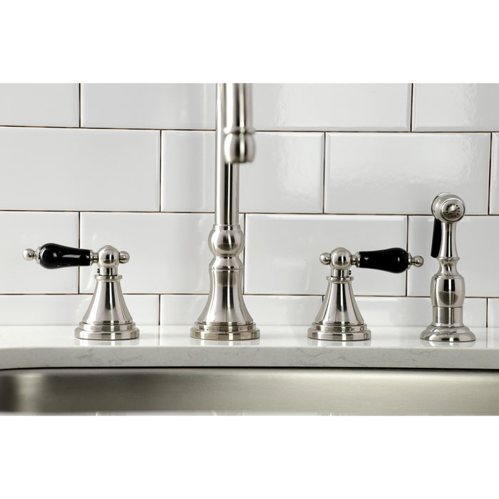 Kingston Tulare KS2798PKLBS - Duchess Double-Handle 4-Hole Widespread Kitchen Faucet with Brass Sprayer, Brushed Nickel