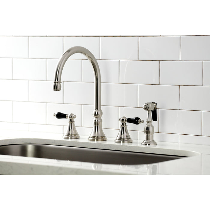 Kingston Tulare KS2798PKLBS - Duchess Double-Handle 4-Hole Widespread Kitchen Faucet with Brass Sprayer, Brushed Nickel