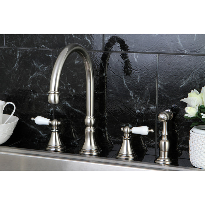 Kingston Tulare KS2798PLBS - Governor Double-Handle 4-Hole Widespread Kitchen Faucet with Brass Sprayer, Brushed Nickel