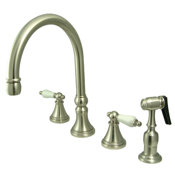 Kingston Tulare KS2798PLBS - Governor Double-Handle 4-Hole Widespread Kitchen Faucet with Brass Sprayer, Brushed Nickel