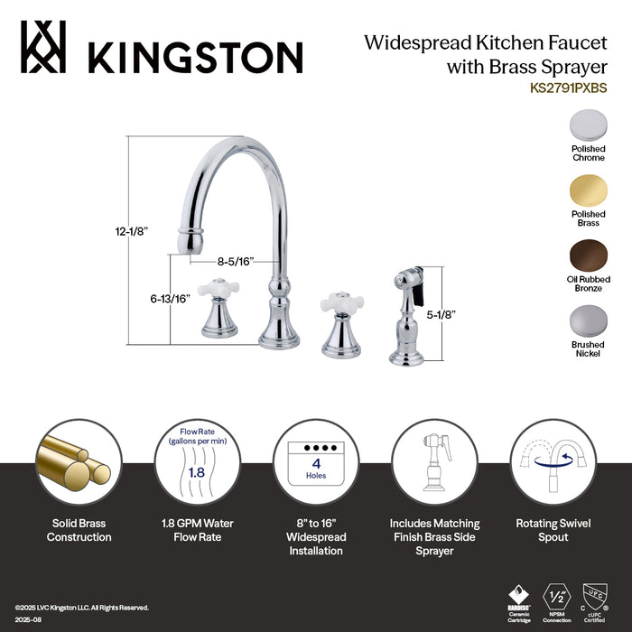 Kingston Tulare KS2798PXBS - Governor Double-Handle 4-Hole Widespread Kitchen Faucet with Brass Sprayer, Brushed Nickel