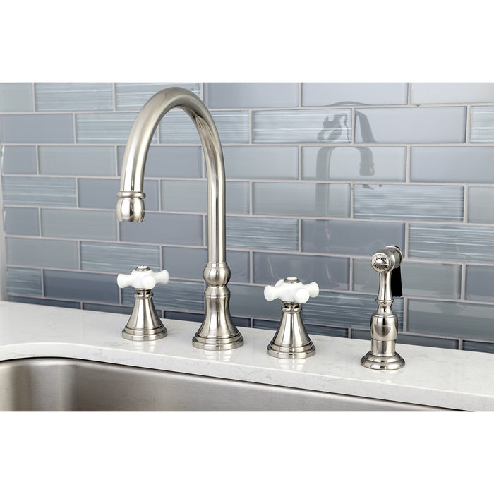 Kingston Tulare KS2798PXBS - Governor Double-Handle 4-Hole Widespread Kitchen Faucet with Brass Sprayer, Brushed Nickel