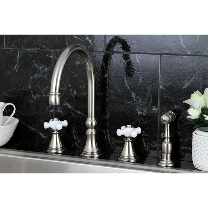 Kingston Tulare KS2798PXBS - Governor Double-Handle 4-Hole Widespread Kitchen Faucet with Brass Sprayer, Brushed Nickel