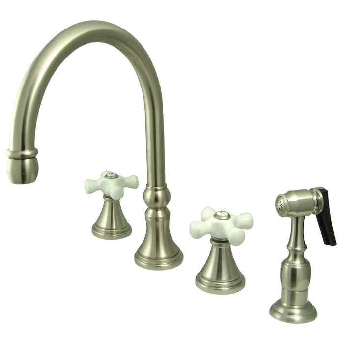 Kingston Tulare KS2798PXBS - Governor Double-Handle 4-Hole Widespread Kitchen Faucet with Brass Sprayer, Brushed Nickel