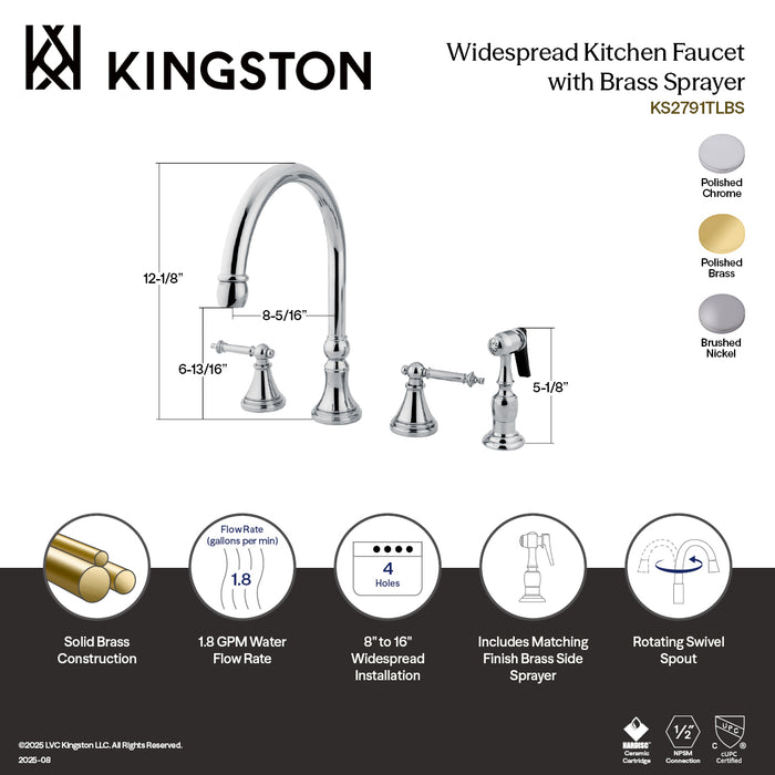 Kingston Tulare KS2798TLBS - Templeton Double-Handle 4-Hole Widespread Kitchen Faucet with Brass Sprayer, Brushed Nickel