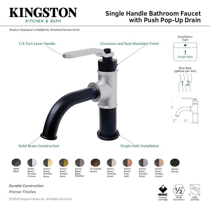 Kingston Heirloom KS2821KL - Whitaker One-Handle 1-Hole Bathroom Faucet with Push Pop-Up Drain, Matte Black/Polished Chrome