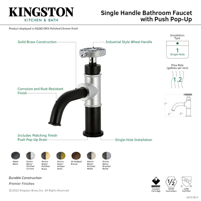 Kingston Sona KS2826RKX - Webb One-Handle 1-Hole Bathroom Faucet with Knurled Handle and Push Pop-Up Drain, Matte Black/Polished Nickel