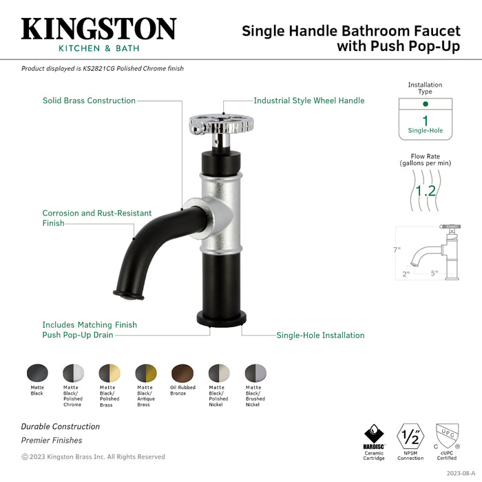 Kingston Sona KS2828CG - Fuller One-Handle 1-Hole Bathroom Faucet with Push Pop-Up Drain, Matte Black/Brushed Nickel