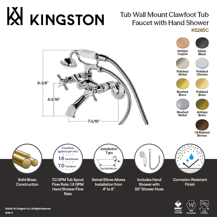 Kingston Heirloom KS285MB - Essex Three-Handle 2-Hole Tub Wall Mount Clawfoot Tub Faucet with Hand Shower, Matte Black