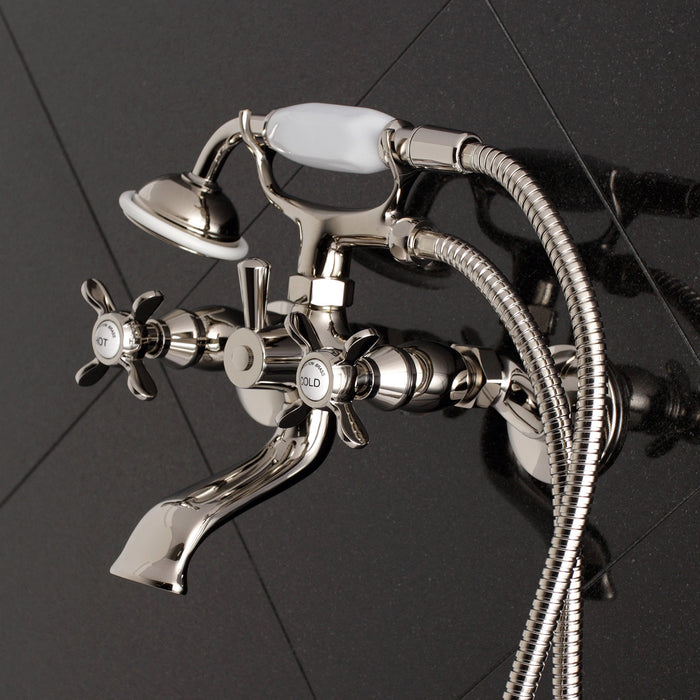 Kingston Heirloom KS285PN - Essex Three-Handle 2-Hole Tub Wall Mount Clawfoot Tub Faucet with Hand Shower, Polished Nickel
