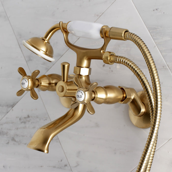Essex KS285SB Three-Handle 2-Hole Tub Wall Mount Clawfoot Tub Faucet with Hand Shower, Brushed Brass