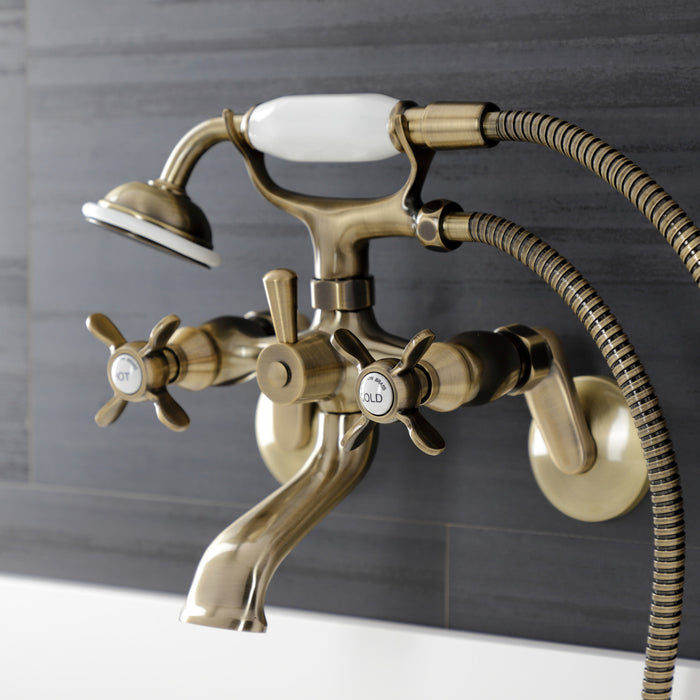 Kingston Heirloom KS286AB - Essex Three-Handle 2-Hole Wall Mount Clawfoot Tub Faucet with Hand Shower, Antique Brass