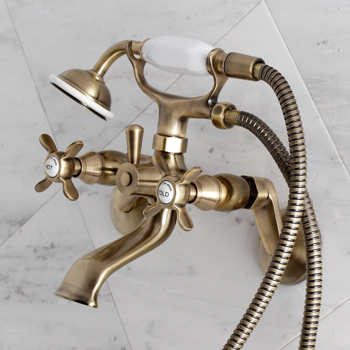 Kingston Heirloom KS286AB - Essex Three-Handle 2-Hole Wall Mount Clawfoot Tub Faucet with Hand Shower, Antique Brass