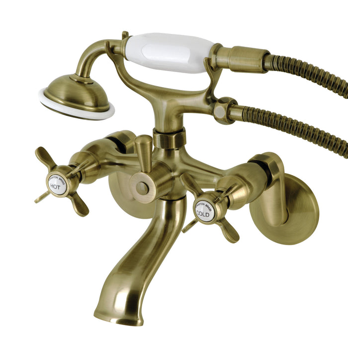 Kingston Heirloom KS286AB - Essex Three-Handle 2-Hole Wall Mount Clawfoot Tub Faucet with Hand Shower, Antique Brass