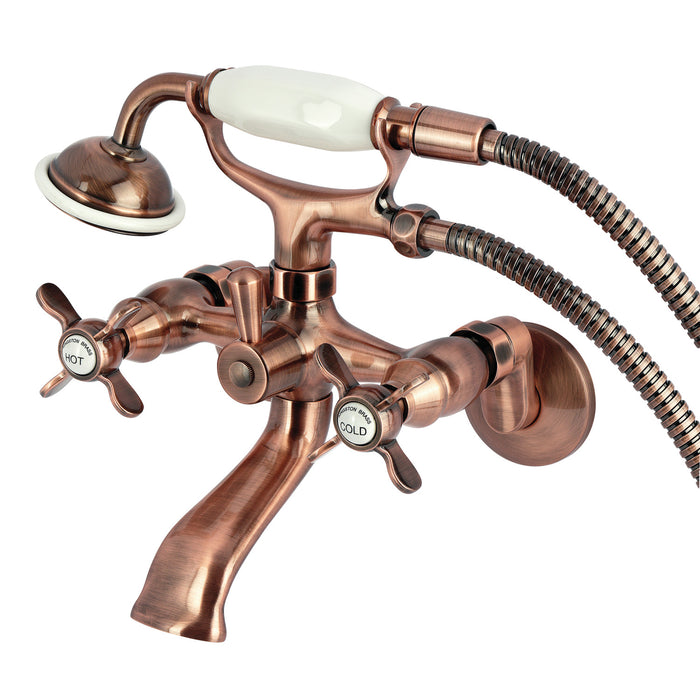 Kingston Heirloom KS286AC - Kingston Three-Handle 2-Hole Wall Mount Clawfoot Tub Faucet with Hand Shower, Antique Copper