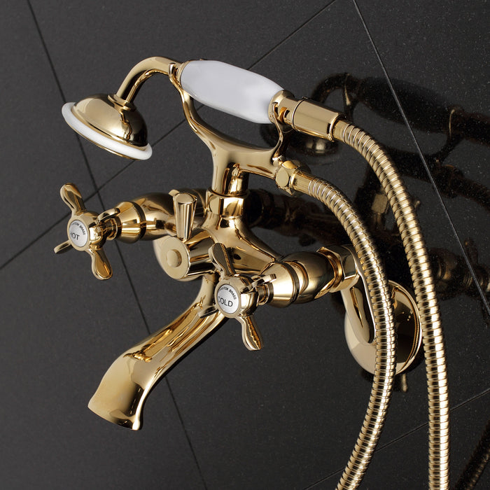 Kingston Heirloom KS286PB - Essex Three-Handle 2-Hole Wall Mount Clawfoot Tub Faucet with Hand Shower, Polished Brass