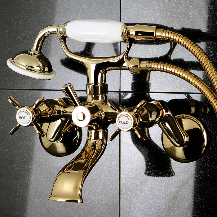 Kingston Heirloom KS286PB - Essex Three-Handle 2-Hole Wall Mount Clawfoot Tub Faucet with Hand Shower, Polished Brass