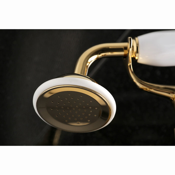 Kingston Heirloom KS286PB - Essex Three-Handle 2-Hole Wall Mount Clawfoot Tub Faucet with Hand Shower, Polished Brass