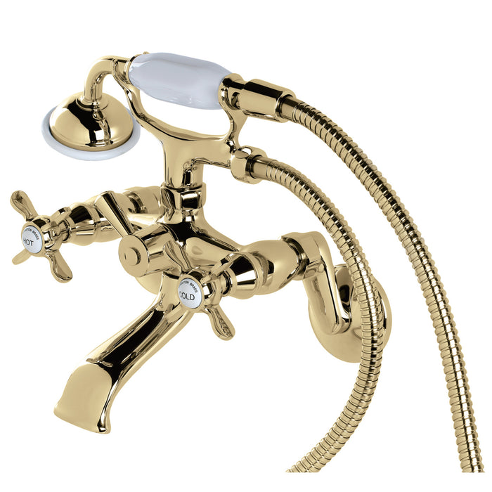 Kingston Heirloom KS286PB - Essex Three-Handle 2-Hole Wall Mount Clawfoot Tub Faucet with Hand Shower, Polished Brass