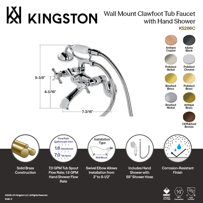 Kingston Heirloom KS286SB - Essex Three-Handle 2-Hole Wall Mount Clawfoot Tub Faucet with Hand Shower, Brushed Brass