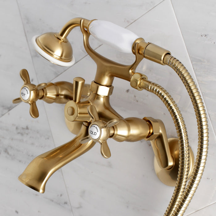 Kingston Heirloom KS286SB - Essex Three-Handle 2-Hole Wall Mount Clawfoot Tub Faucet with Hand Shower, Brushed Brass