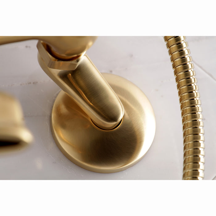Kingston Heirloom KS286SB - Essex Three-Handle 2-Hole Wall Mount Clawfoot Tub Faucet with Hand Shower, Brushed Brass