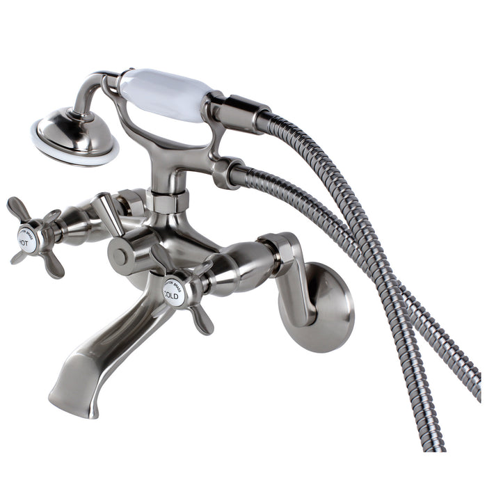 Kingston Heirloom KS286SN - Essex Three-Handle 2-Hole Wall Mount Clawfoot Tub Faucet with Hand Shower, Brushed Nickel