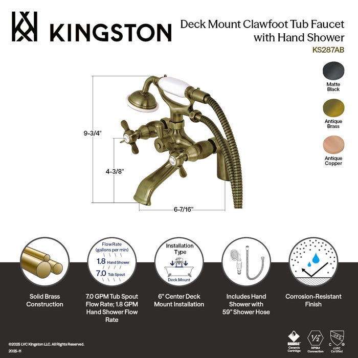Kingston Heirloom KS287AB - Essex Three-Handle 2-Hole Deck-Mount Clawfoot Tub Faucet with Hand Shower, Antique Brass