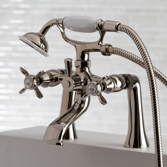 Kingston Heirloom KS288PN - Essex Three-Handle 2-Hole Deck-Mount Clawfoot Tub Faucet with Hand Shower, Polished Nickel