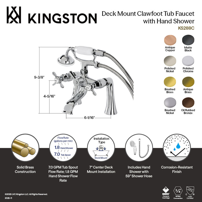 Kingston Heirloom KS288SN - Essex Three-Handle 2-Hole Deck-Mount Clawfoot Tub Faucet with Hand Shower, Brushed Nickel