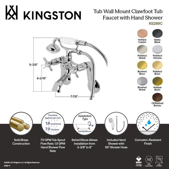 Kingston Heirloom KS289C - Kingston Three-Handle 2-Hole Tub Wall Mount Clawfoot Tub Faucet with Hand Shower, Polished Chrome
