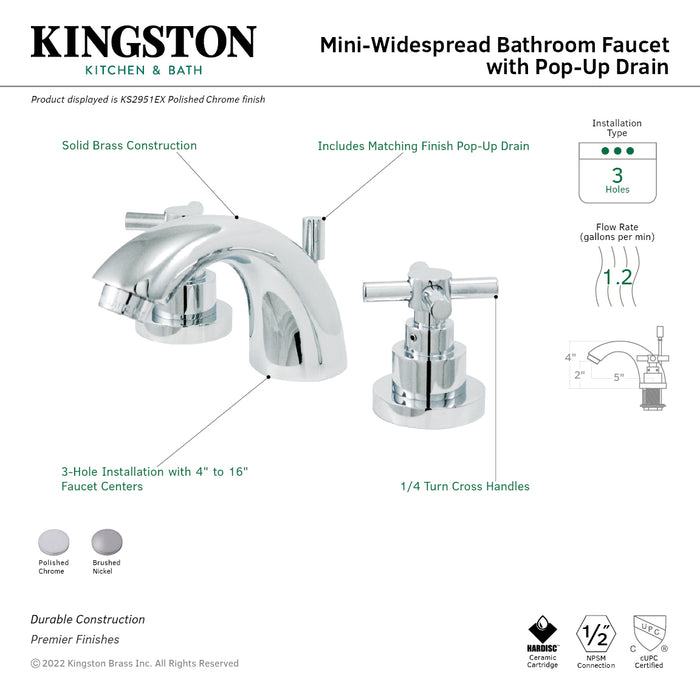 Kingston Tulare KS2951EX Two-Handle 3-Hole Deck Mount Mini-Widespread Bathroom Faucet with Brass Pop-Up, Polished Chrome