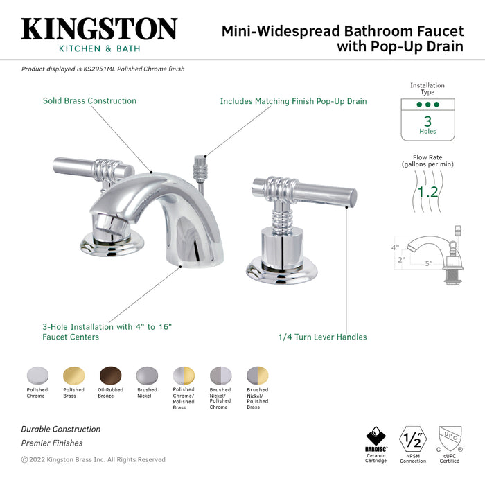 Kingston Tulare KS2952MLTwo-Handle 3-Hole Deck Mount Mini-Widespread Bathroom Faucet with Brass Pop-Up, Polished Brass