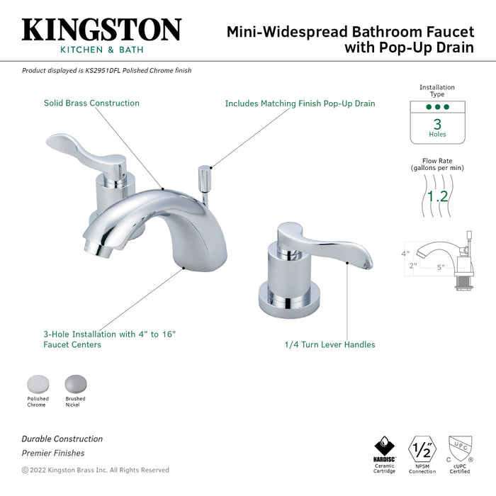 Kingston Tulare KS2958DFLTwo-Handle 3-Hole Deck Mount Mini-Widespread Bathroom Faucet with Brass Pop-Up, Brushed Nickel