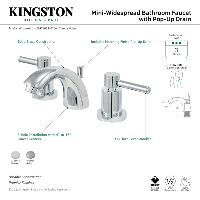 Kingston Tulare KS2958DL - Concord Two-Handle 3-Hole Deck Mount Mini-Widespread Bathroom Faucet with Brass Pop-Up, Brushed Nickel