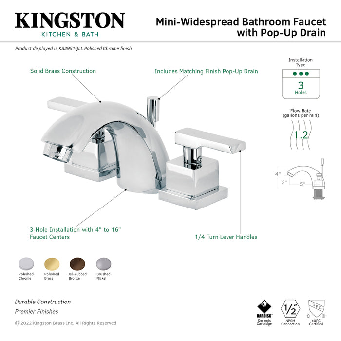 Kingston Sona KS2958QLL - Executive Two-Handle 3-Hole Deck Mount Mini-Widespread Bathroom Faucet with Brass Pop-Up, Brushed Nickel