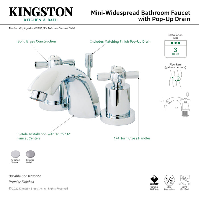 Kingston Tulare KS2958ZX - Millennium Two-Handle 3-Hole Deck Mount Mini-Widespread Bathroom Faucet with Brass Pop-Up, Brushed Nickel