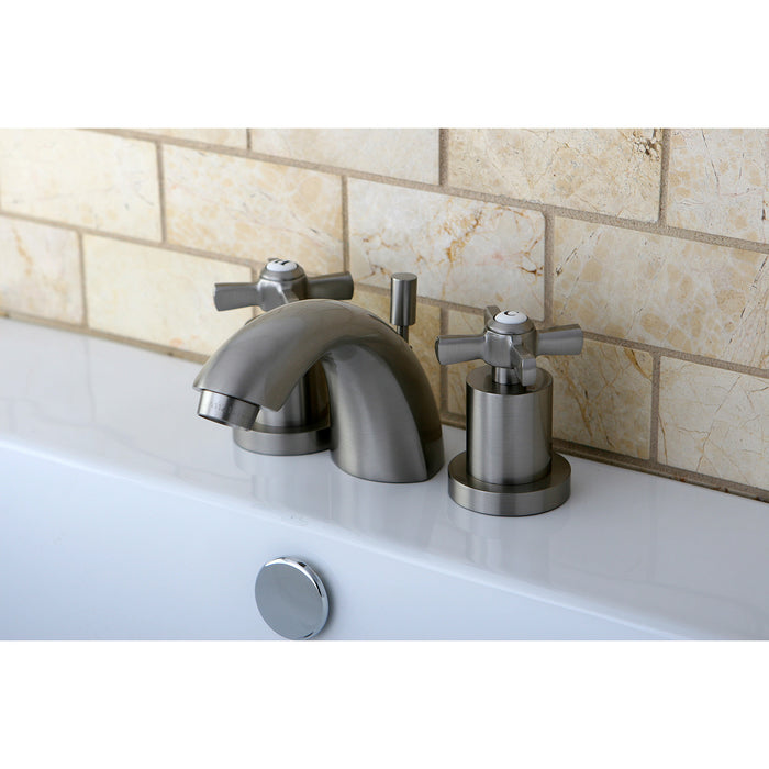 Kingston Tulare KS2958ZX - Millennium Two-Handle 3-Hole Deck Mount Mini-Widespread Bathroom Faucet with Brass Pop-Up, Brushed Nickel