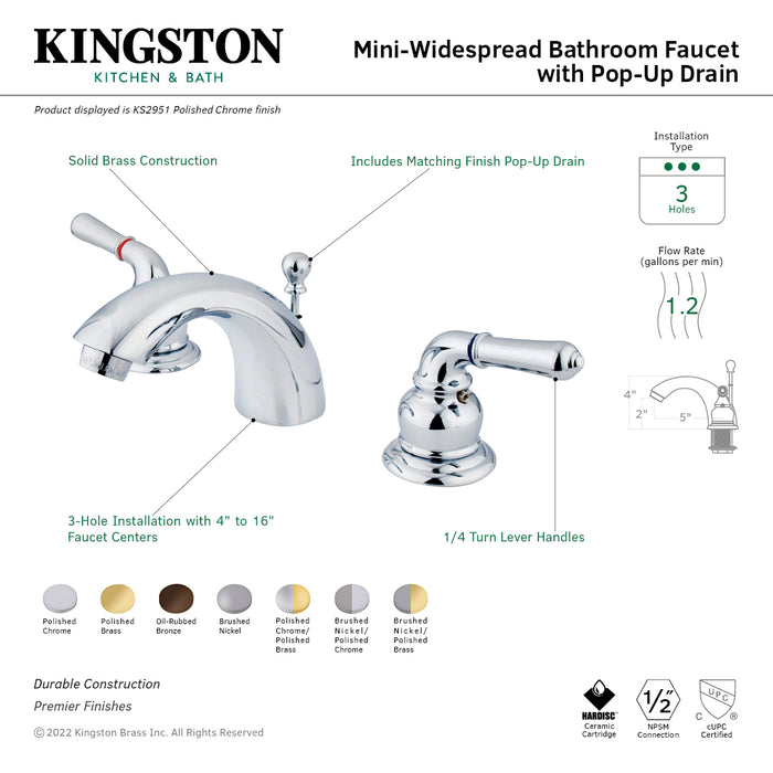 Kingston Tulare KS2959 - Naples Mini-Widespread Bathroom Faucet with Brass Pop-Up Drain, Brushed Nickel/Polished Brass