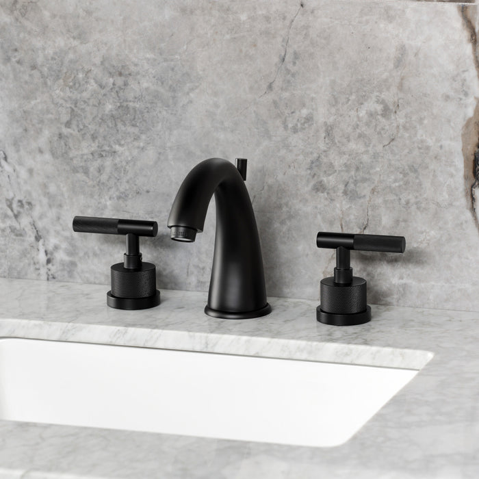 Kingston Tulare KS2960KNL - Convergent Two-Handle 3-Hole Deck Mount Widespread Bathroom Faucet with Knurled Handle and Brass Pop-Up, Matte Black