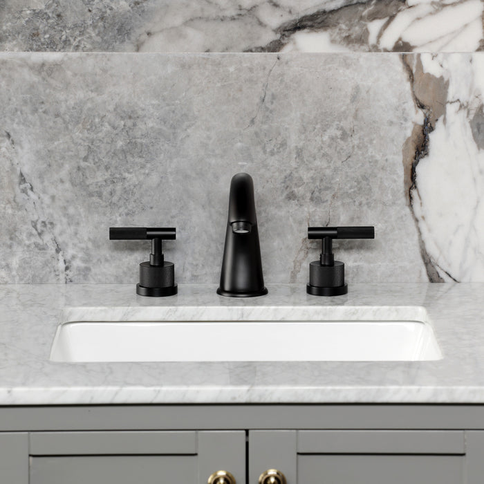 Kingston Tulare KS2960KNL - Convergent Two-Handle 3-Hole Deck Mount Widespread Bathroom Faucet with Knurled Handle and Brass Pop-Up, Matte Black