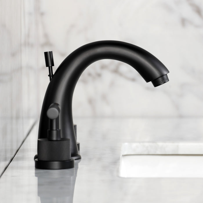 Kingston Tulare KS2960KNL - Convergent Two-Handle 3-Hole Deck Mount Widespread Bathroom Faucet with Knurled Handle and Brass Pop-Up, Matte Black