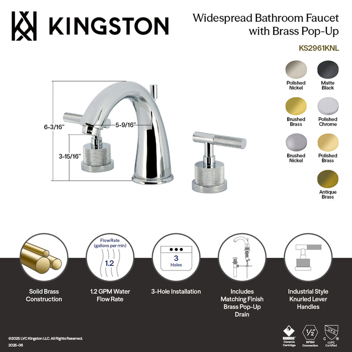 Kingston Tulare KS2961KNL - Convergent Two-Handle 3-Hole Deck Mount Widespread Bathroom Faucet with Knurled Handle and Brass Pop-Up, Polished Chrome