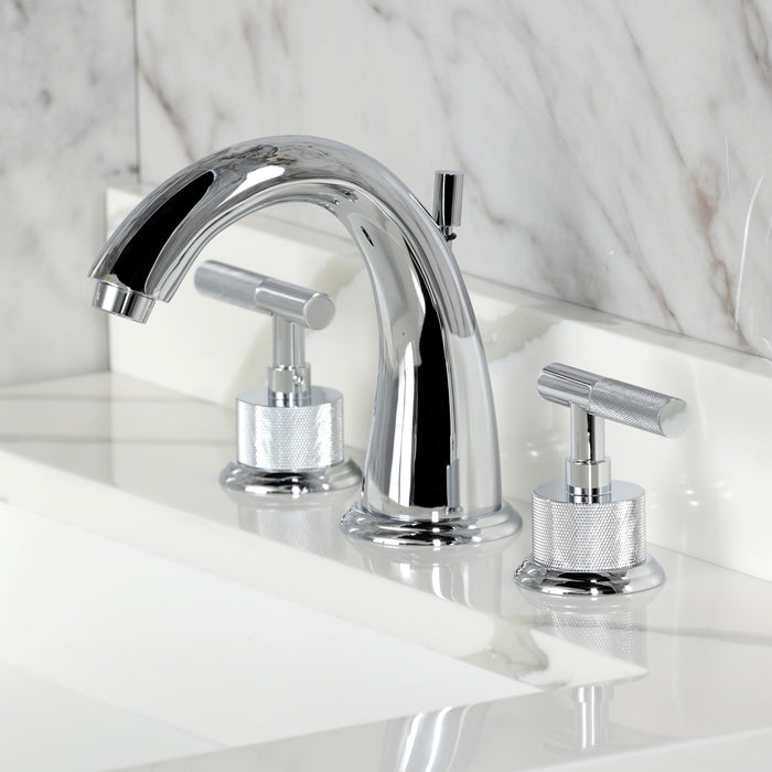 Kingston Tulare KS2961KNL - Convergent Two-Handle 3-Hole Deck Mount Widespread Bathroom Faucet with Knurled Handle and Brass Pop-Up, Polished Chrome