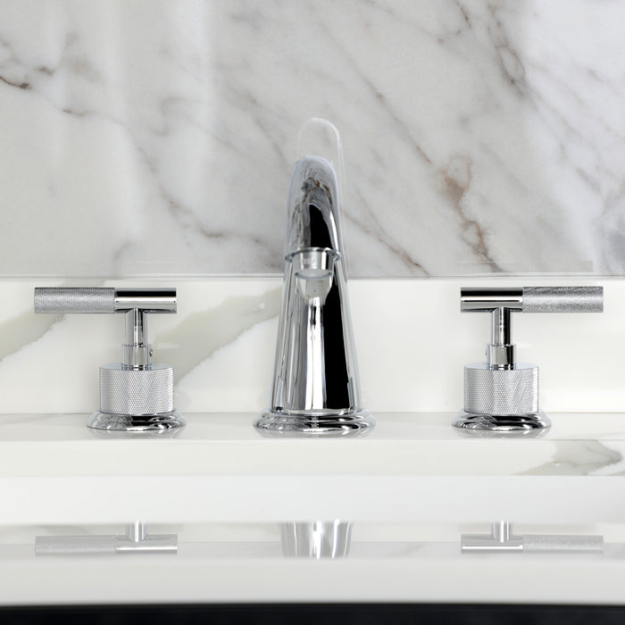 Kingston Tulare KS2961KNL - Convergent Two-Handle 3-Hole Deck Mount Widespread Bathroom Faucet with Knurled Handle and Brass Pop-Up, Polished Chrome
